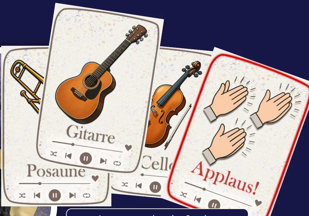 Instrumenten- und Applauskarten aus dem studentischen Musiklernspiel Konzertsaal
