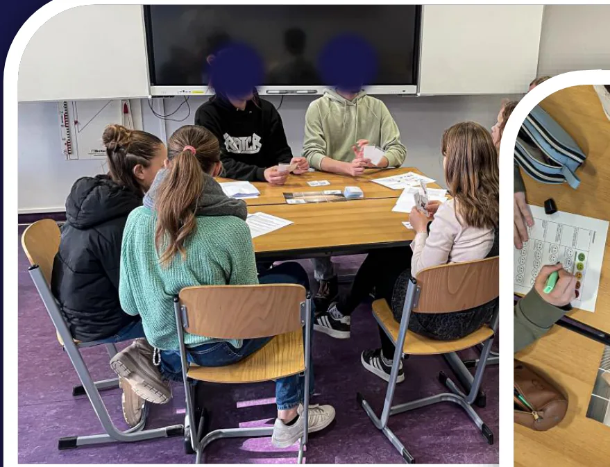 Studierende und Schüler*innen erproben ein Musiklernspiel; Gesichter sind wie im Lehrportfolio maskiert